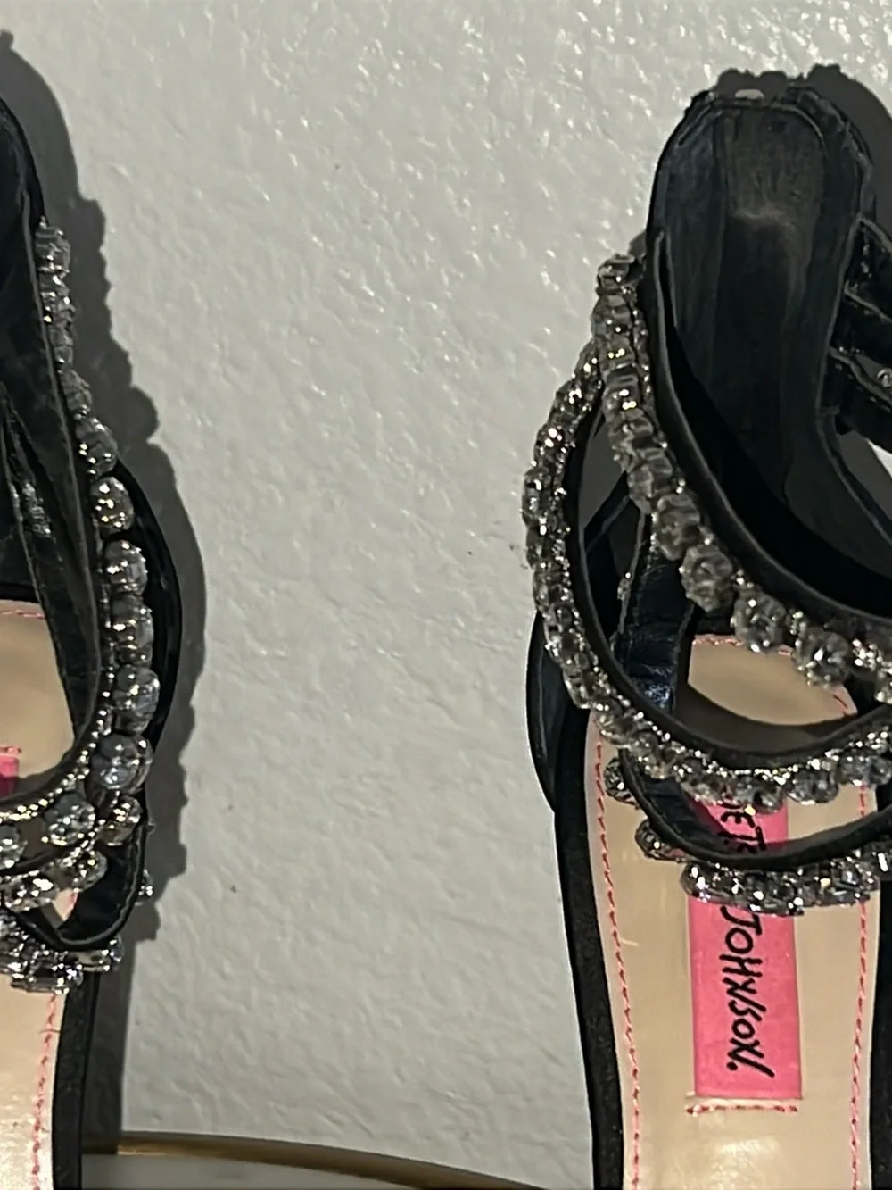 Betsy Johnson rhinestone black satin stiletto sandal ankle strap 7.5 - Picture 2 of 11
